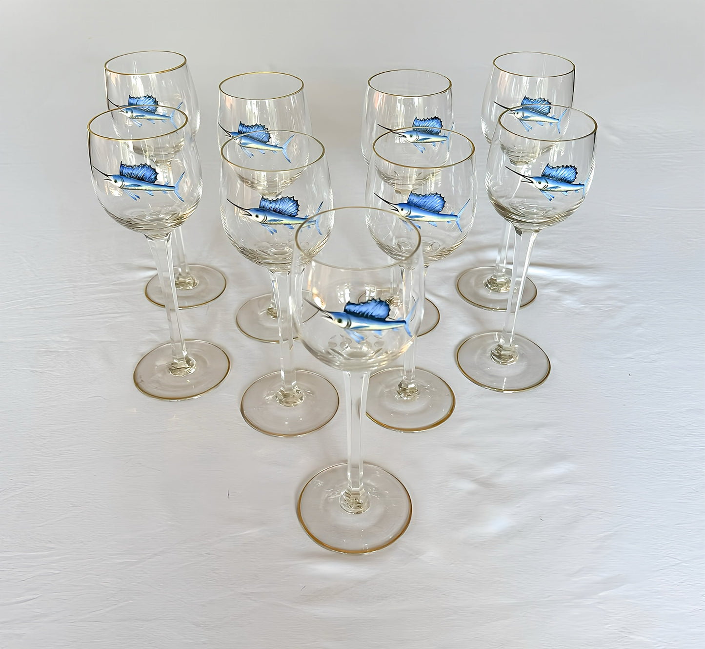 9 Bohemian Cut Glass Sailfish Wine Glasses