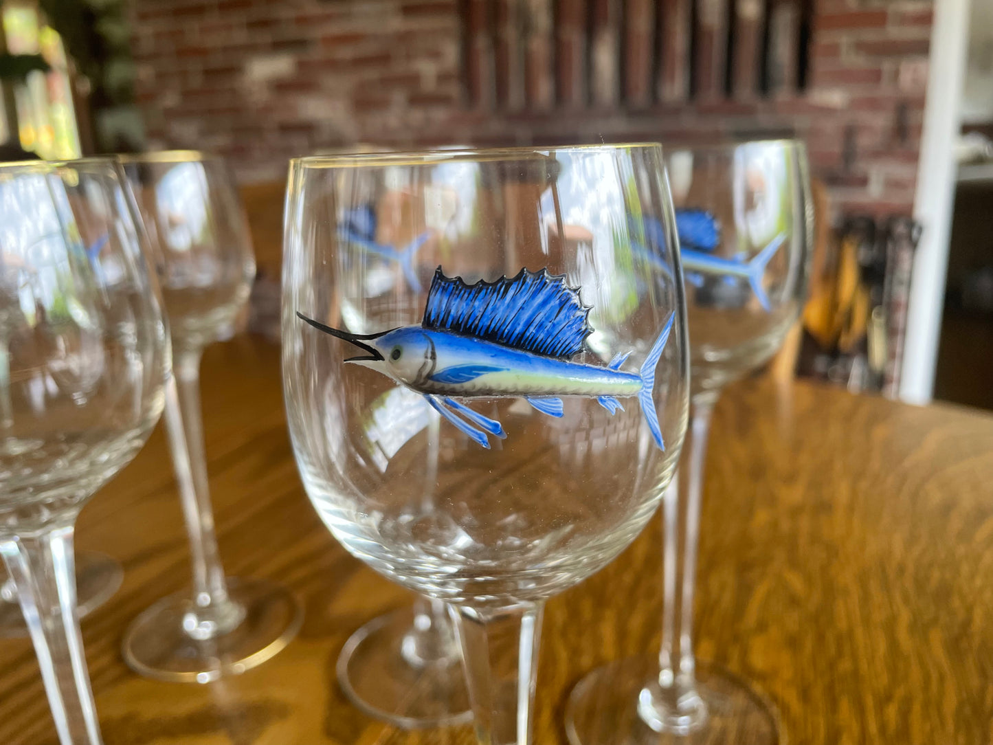 9 Bohemian Cut Glass Sailfish Wine Glasses