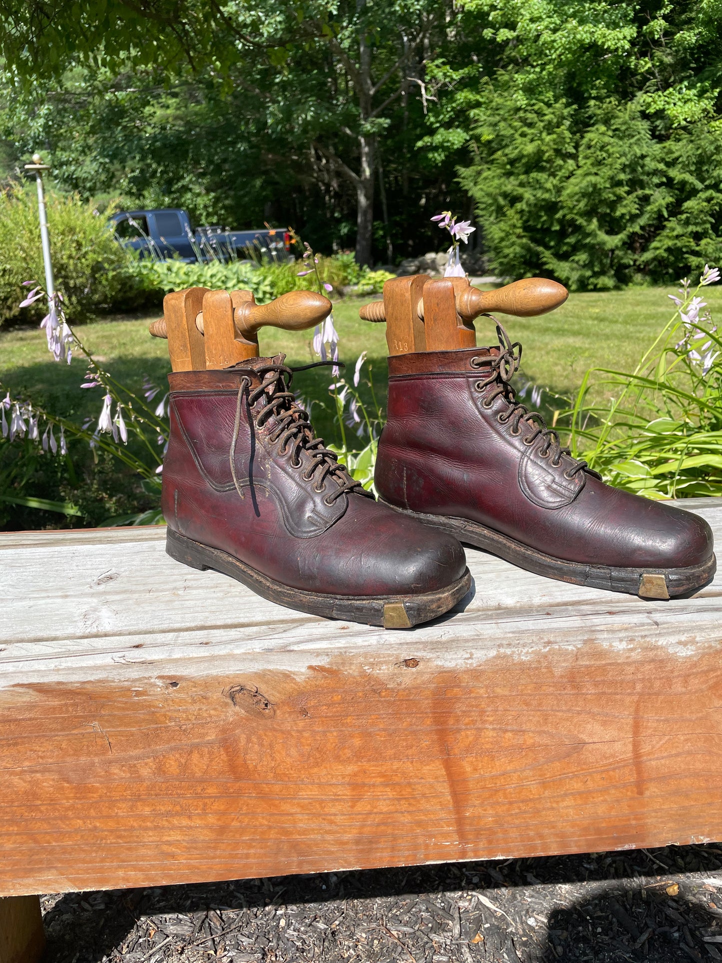 1920s Leather Hobnail Ski Boots with Original Stretchers