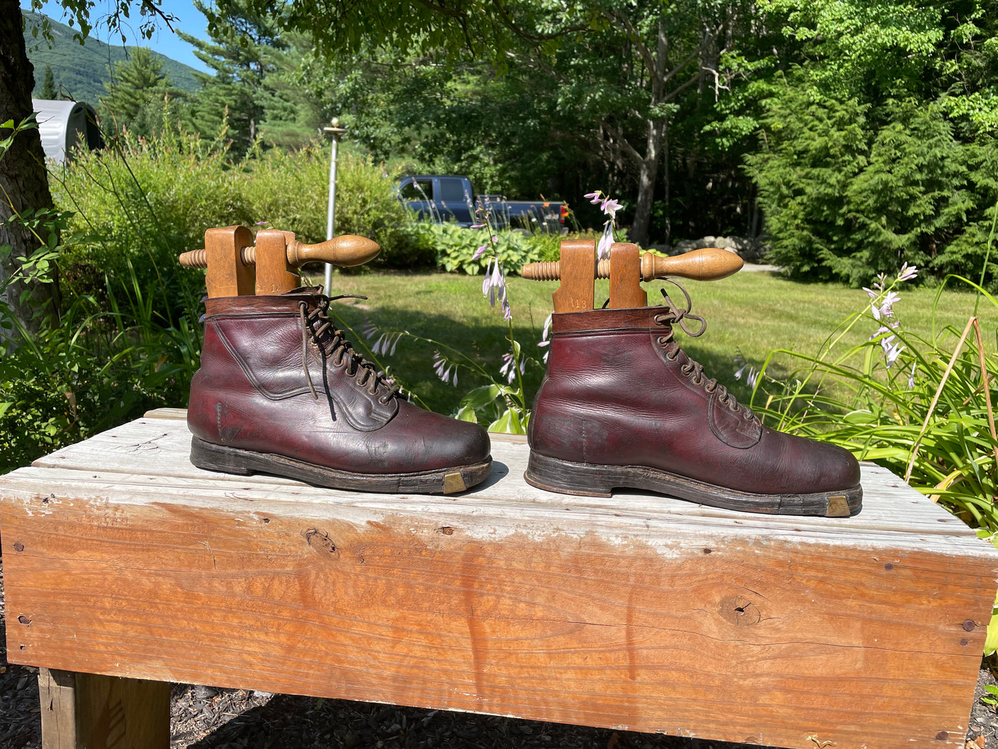 1920s Leather Hobnail Ski Boots with Original Stretchers