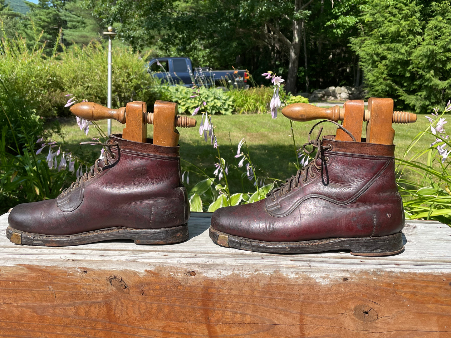 1920s Leather Hobnail Ski Boots with Original Stretchers