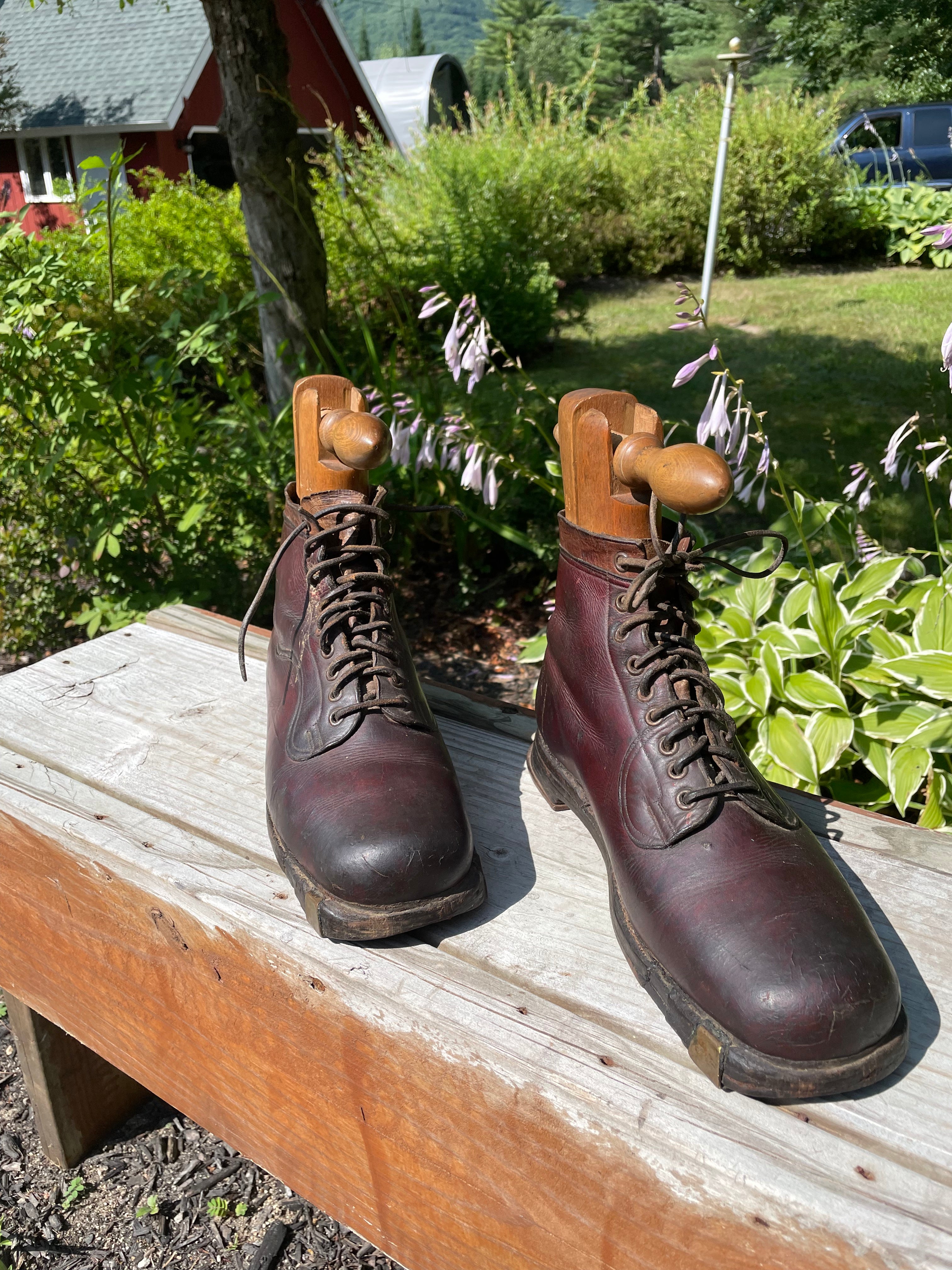 1920s Leather Hobnail Ski Boots with Original Stretchers