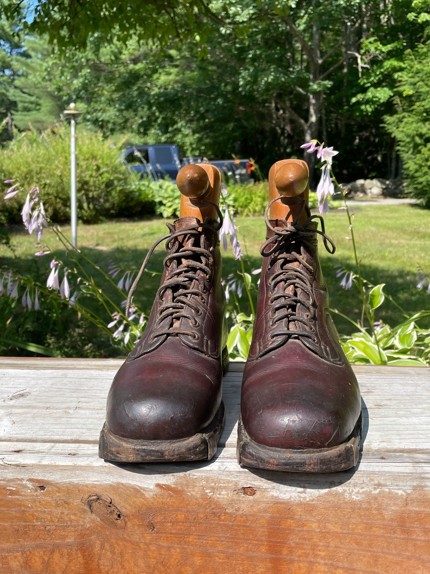 1920s Leather Hobnail Ski Boots with Original Stretchers